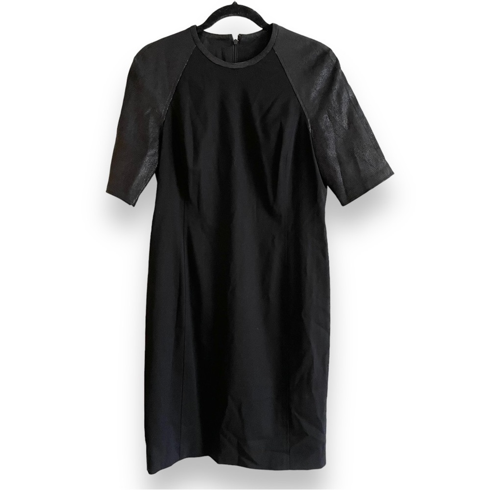 RALPH LAUREN Black Label Black Sheath Dress Faux Leather Sleeves Women's 10